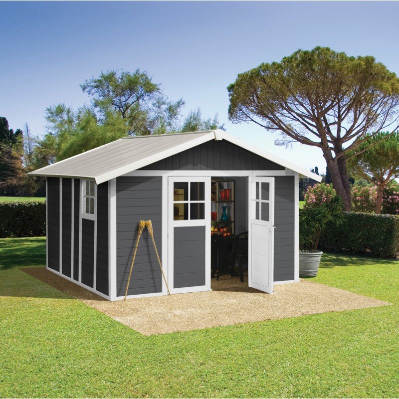 Abri de jardin en PVC 11,2m² DECO gris foncé et blanc Grosfillex